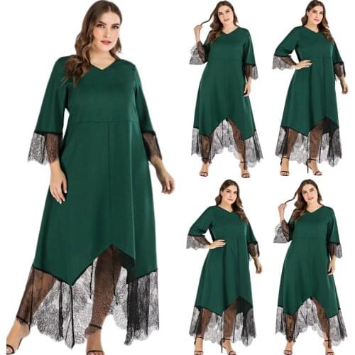 Kaftan Dubai Lace Patchwork Long Dress Muslim Women Maxi Robe Gown Middle East Islamic Ramadan Vestido Arab V-neck Female Summer
