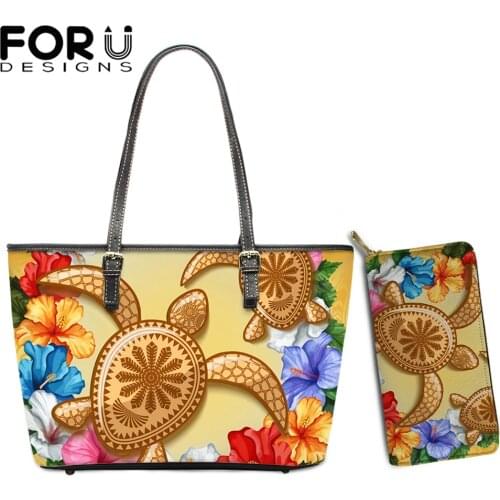FORUDESIGNS High Quality Womens Hand Bags And Purse Set Hawaii Turtle Hibiscus Polynesian Pattern Female Leather Shoulder Bolsa
