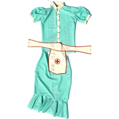 Womens uniform nurse latex suit including tops and skirt including apron and cap in laker blue color