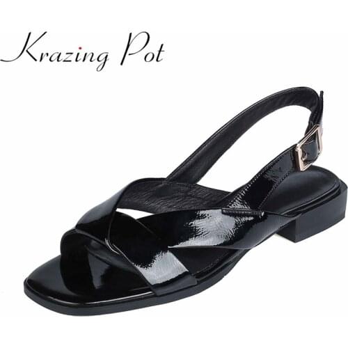 Krazing pot plus size cow leather square toe shallow low heels simple style Korean girls modern buckle straps women sandals L48