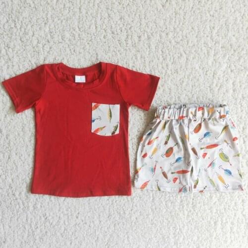 Summer Baby boys Fishing Gear outfits Red short sleeves Top and Print shorts Children Clothing Kids boutique wholesale sets