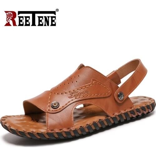 REETENE Big Size 47 Men Leather Sandals Summer Quality MenS Slippers Comfortable Sandals For Men Breather Beach Sandals Male