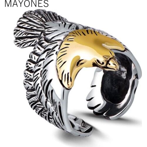 Vintage Indian Style Eagle Cuff Ring Men 100% Solid 925 Sterling Silver Designer Jewelry Men Free Gift Box Top Quality 16g