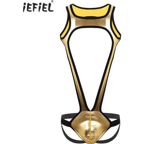 Mens One-piece Mankini Bodysuit Catsuit Shiny Metallic Shoulder Straps Bulge Pouch Jockstrap Wrestling Singlet Leotard Underwear