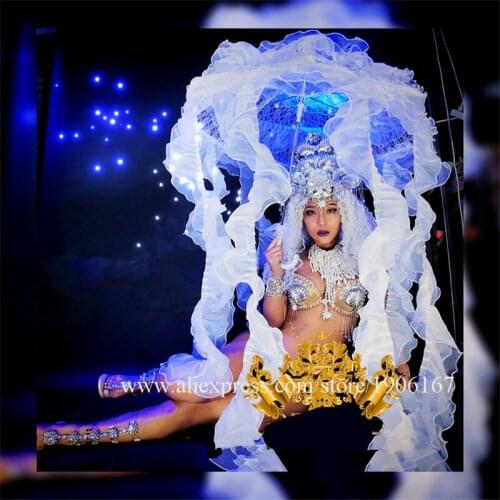 Nightclub Led Luminous Jellyfish Stage Props Female Silver Shell Sexy Goddess Costume Dance Team Marine Theme Party Bikini S