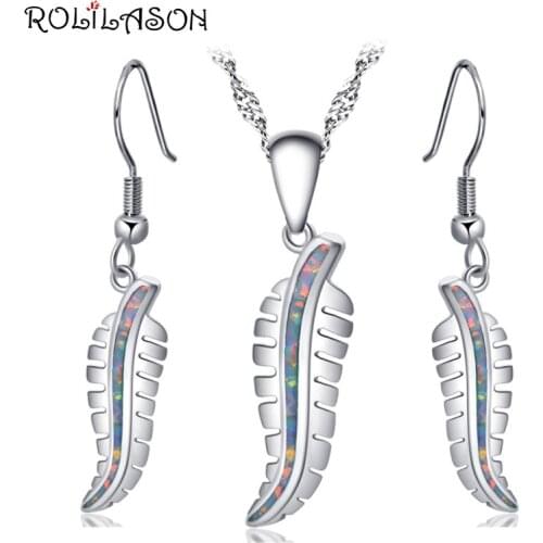 ROLILASON earrings pendant necklace leaf Silver stamped 925 White opal set for women party OS032