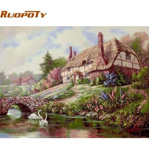 RUOPOTY Frame Countryside House Landscape Diy Oil Painting By Numbers Canvas Picture Acrylic Paint By Numbers For Unique Gift