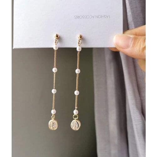Korea Style Fairy Long Pearl Tassel Zircon Clip on Earrings No Hole Temperament Simple Shiny Rhinestone Hollow Ball Earrings