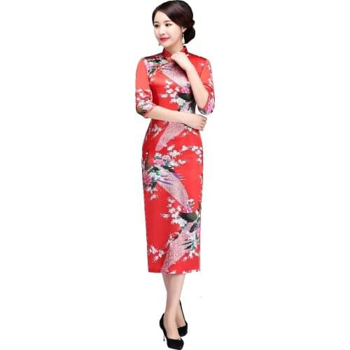 Shanghai Story 3/4 Sleeve Peacock Qipao Long Cheongsam Dress peacock Chinese Traditional Dresses for Women 8 Color
