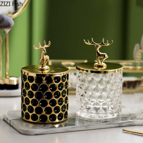 Glass Storage Jar Golden Deer Cover Jewelry Box Desktop Storage Organization Modern Home Decoration Glass Container Candy Jar