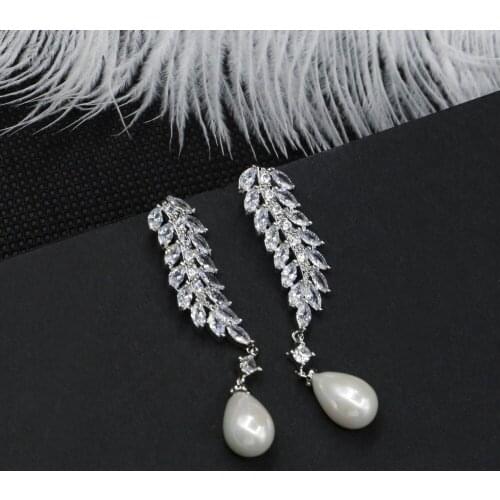 High Quality Fashion Cubic Zirconia Silver colour Dangling Drop Pearl Jewelry Wheat Feather Earrings For Women