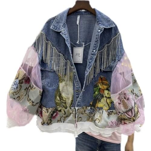 Wholesale Denim Jean Blouse Women Spring Mesh Sleeve lantern Sleeve Denim Shirt Female Ladies Tops Blusas Mujer Autumn