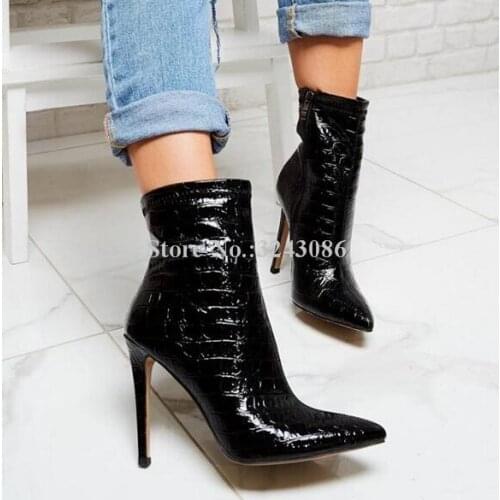 Women New Black Snakeskin Stiletto Heel Short Boots Sexy Pointed Toe Zipper Ankle Boots Lady Popular Street Style Booties