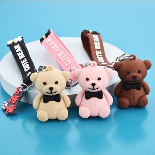 Creative Bow Tie Cartoon Bear Keychain Women Girl Car Key Ring Lanyard PVC Cute Animal Key Chain Bag Charms Jewelry Gift
