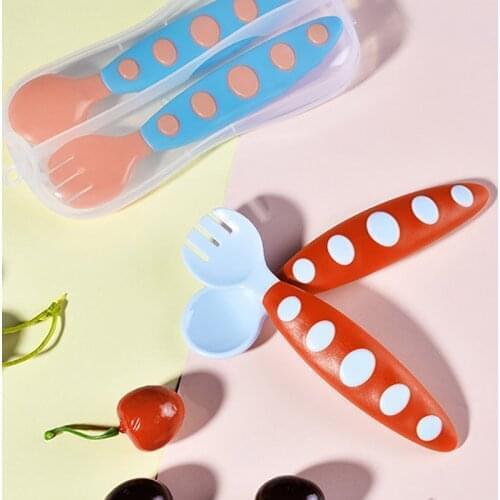2Pcs/Box Cartoon Baby Spoon Fork Dot Pattern Bright Color Tableware With Storage Box Portable Lightweight PP Feeding Dinnerware