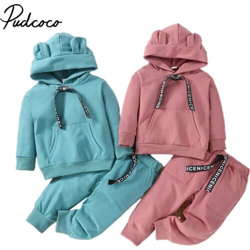 2Pcs Autumn Little Girls Boys Outfit, Toddlers Solid Color Cartoon Ears Decoration Long Sleeve Hooded Tops + Long Pants Set