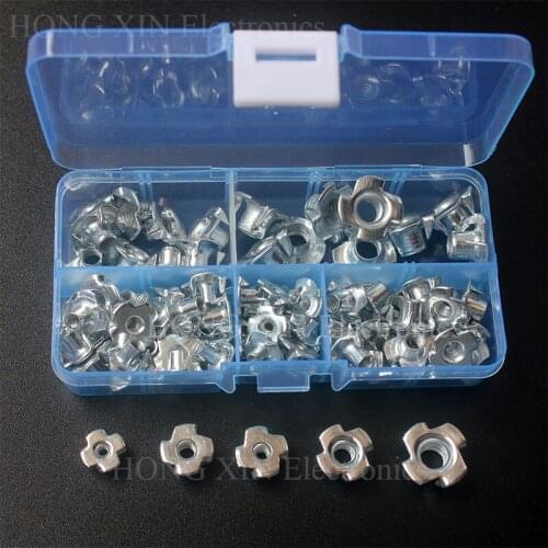 80Pcs/set M3 M4 M5 M6 M8 Zinc Plated Four Claws Nut Speaker Nut T-nut Blind Pronged Tee Nut Furniture Assortment Kit