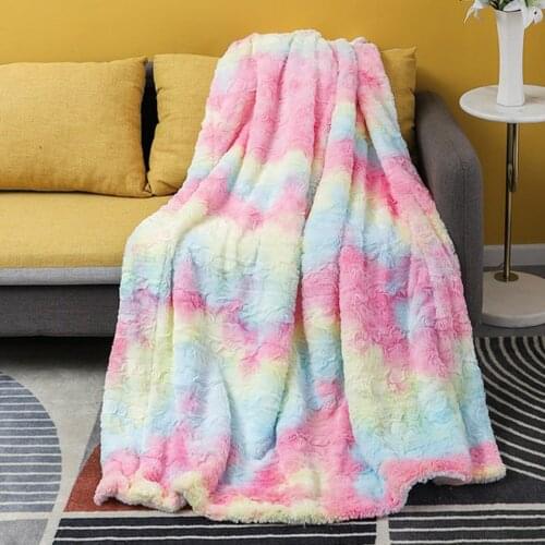 Blue Rainbow Plush Large Faux Fur Blankets Super Soft Warm Fluffy Shaggy Colorful Throw Fleece Furry Bedroom Sofa Cover