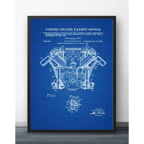 Curtiss Airplane Engine Patent 1920 Airplane Blueprint Wall Art Paint Decor Canvas Prints Canvas Poster Oil Paintings No Frame