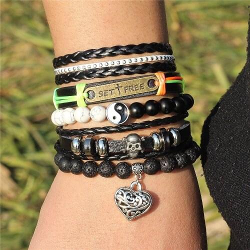 DGW 5pcs/set Skull Braided Leather Bracelets For Men set free Wrap Bangle Distance bead rock stone bracelet Party LOVER Gifts