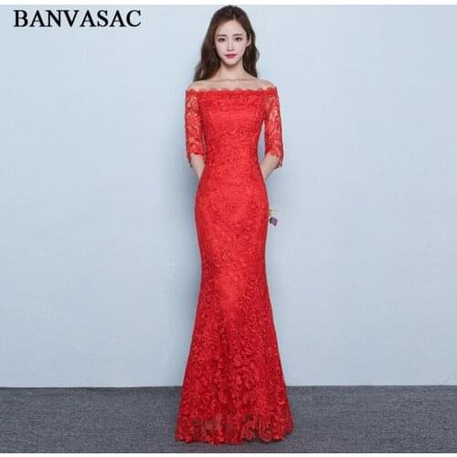 BANVASAC Boat Neck Lace Embroidery Mermaid Long Evening Dresses Party Hollow Out Half Sleeve Backless Prom Gowns