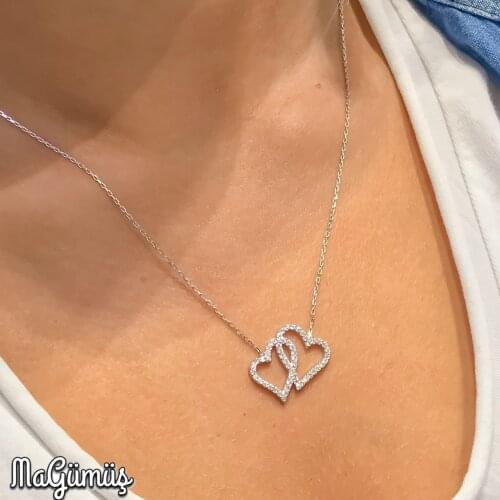 Double Heart Silver Necklace Valentine Gift