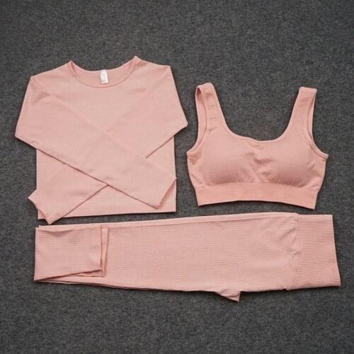 Fitness Women Seamless Sport Suit 3pcs Yoga Set Workout Clothes Gym Long Sleeve Crop Top High Waist Running Leggings Sportswear