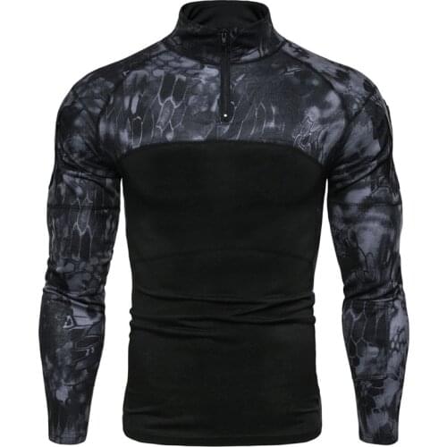 Mans T-shirts Slim Stand-up collar half zipper Long sleeve T-shirt Men fashion military Camouflage Splicing t shirt for men