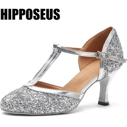 Hipposeus Latin Dance Shoes Women Salsa Ballroom Girls Tango Dancing Shoes Female Modern Thin Heel Party Dance-Shoes Soft Bottom