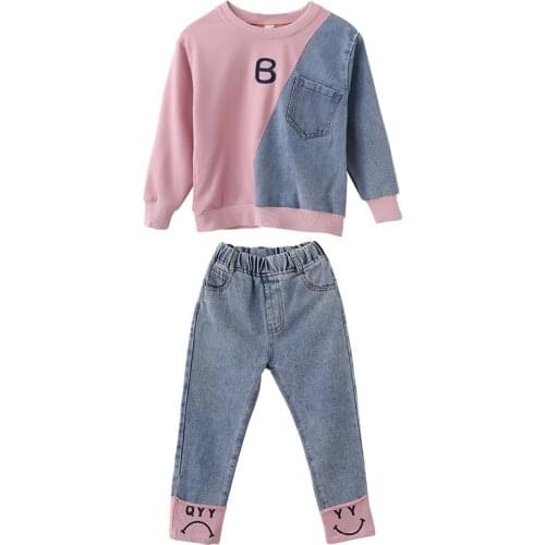 Kids girls leisure suit spring / autumn spell color long-sleeved sweater coat + jeans 2pcs sets of new big virgin suit