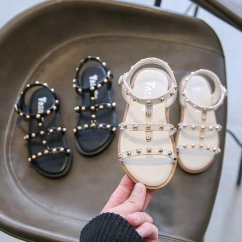 Summer 2021 New Girl Sandals Rivet Roman Childrens Shoes Velcro Non-slip Flat Beach Princess Sandals