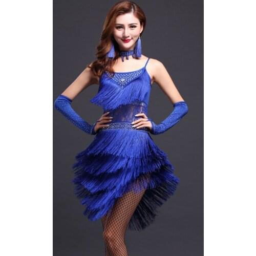 2018 Fashion Adult Womens Tasseled Stoned Latin Salsa Dance Costume Dress 3pcs Set Dress, Sleeves, Necklace Salsa Dress Sz M-xl