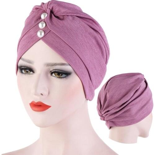 Fashion Solid Color Inner Hijab for Women Forehead Cross Crinkled Muslim Turban Hijab Caps With Pearl Islamic Wrap Indian Bonnet