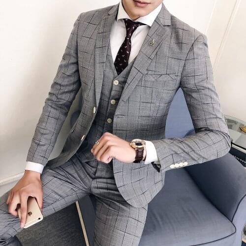 New Men Clothes Men Suit Lattice Groom Wedding Dress Three-piece Set Slim Korean Version of The Hair Stylist Suit