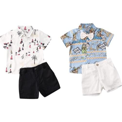 1-6Y Summer Toddler Baby Boys Clothes Sets Cartoon Animal Floral Print Bow Shirts Tops+Shorts Gentleman Outfits