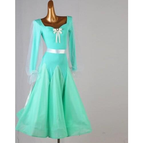 2021 Ballroom Dance Dress Split Joint Womens Training Costumes With Belt Long Sleeve Chinlon Dancewear