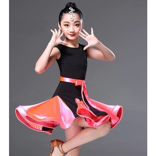 Girls Latin Dancing Dress Childrens Latin Dance Suit Students Summer Dancing Compitition Costumes Short Sleeve O Neck D-0267