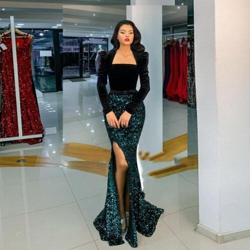 Eightale Mermaid Evening Dresses 2021 Long Sleeves Black and Green Sequined Side Split Long Formal Prom Party Dress