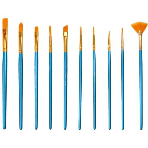 Unique 10Pcs Artist Paint Brush Set High Quality Nylon Hair Wood Blue Handle Watercolor Acrylic Oil Brush Painting Art Supplies