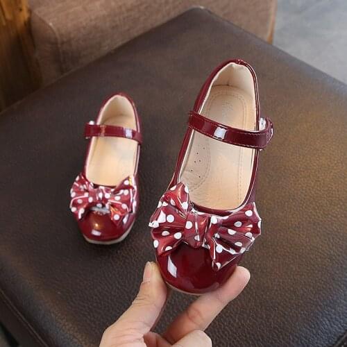 Spring Autumn Kids Shoes Girls Polka dot bow Princess Shoes For Wedding Party Girls Single Shoes Student leather Shoes Black red