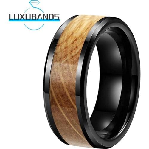 8MM Tungsten Wedding Rings For Womens Mens 6MM Black Beveled Whiskey Barrel Wood Inlay Engagement Polished Finished Comfort Fit