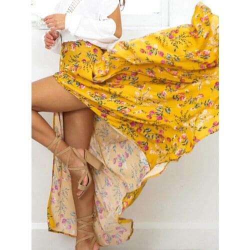 2017 Boho Maxi Skirt Yellow High Slit Floral Printed Pleated Tie Waist Full Skirt