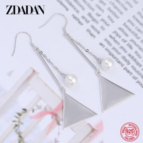 ZDADAN 925 Sterling Silver Triangle Pearl Long Dangle Earring For Women Charm Party Jewelry Gift