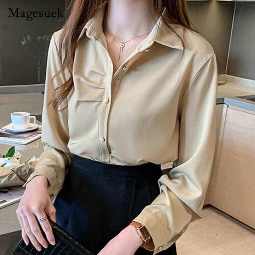 Autumn New 2021 Korean Style All-match Women Blouse Long Sleeve Satin Tops Solid Bottoming Turn-down Collar Cardigan Shirt 10994