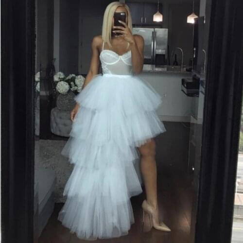 White Hi-Lo Tutu Long Skirts for Women mujer faldas Tiered Elastic Waist Pleated Tulle Skirts юбка femme jupes
