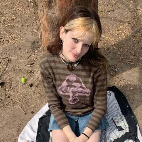 Women Y2K Vintage Stripe Cute Baby Tee Fairy Grunge Aesthetic Kawaii T-Shirt Long Sleeve O Neck Slim Long Sleeve Cropped T Shirt