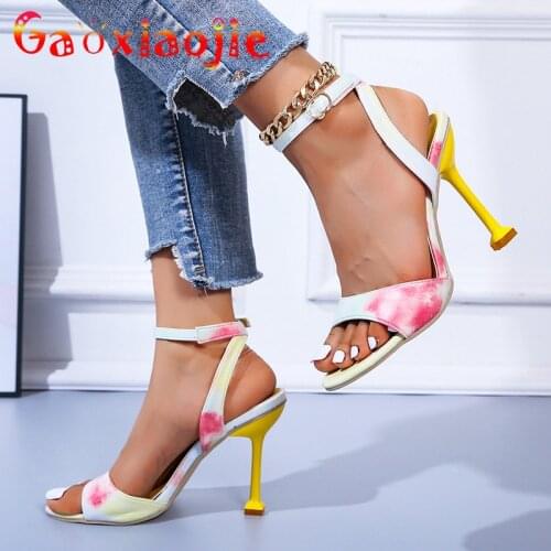 2021 Summer Women Sandals Fashion Print Pattern Cross Connection Buckle Strap High Heels 10CM Sexy One Word Band Stiletto Shoes