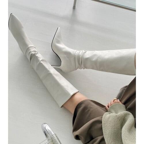 Size 33-42 Leather Women Boots Stiletto Heels Pointed Toe Ladies Shoes 2020 Winter Solid High Boots White Khaki Black