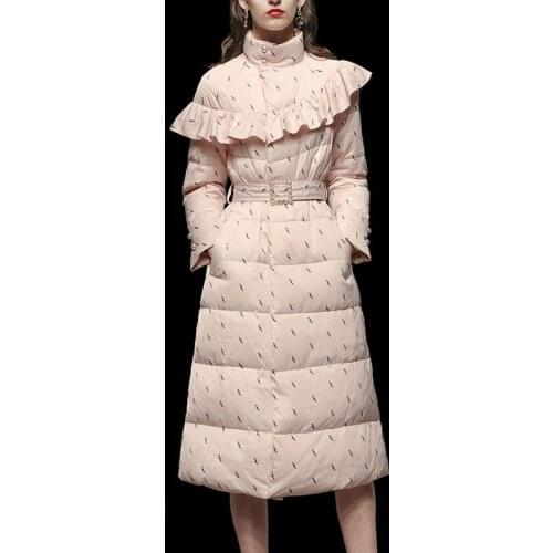 Women Winter Ruffles Down Parkas Coat Stand Collar Thicken Puffer Coat Warm Pink Jacket and Coats