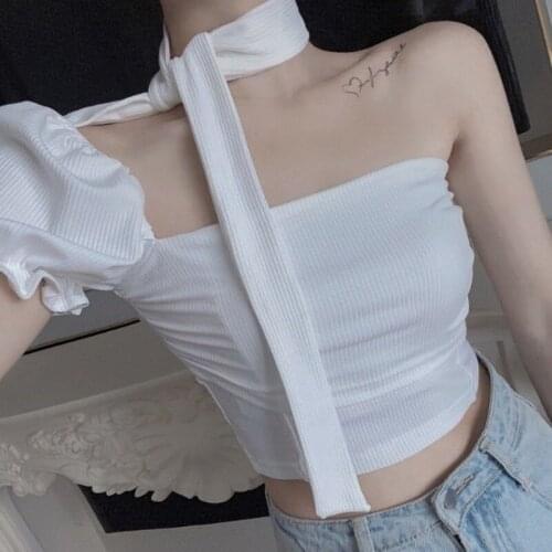 Backless Halter Strapless White Top 2021 Summer Korean Style Fashion Sleeveless Sexy T Shirt Women Bodycon Slim Crop Tops Y595